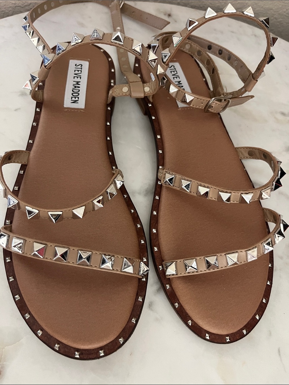 Steve Madden Nude/Tan Pyramid Stud Strappy Sandals